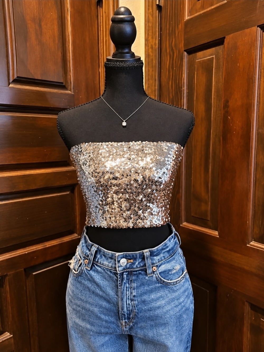 Sequin Strapless Crop Top in Metallic Silver